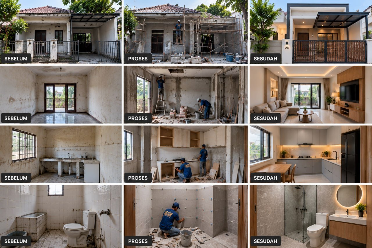 Renovasi Total — Eksterior, Ruang Keluarga, Dapur, Kamar Mandi — sebelum dan sesudah renovasi